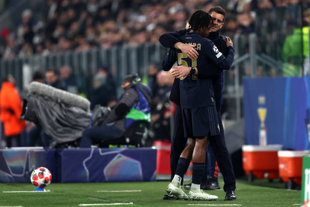 Thiago Motta, head coach of Juventus Fc embraces Samuel Mbangula of Juventus Fc during the Uefa Champions League football match between Juventus Fc...