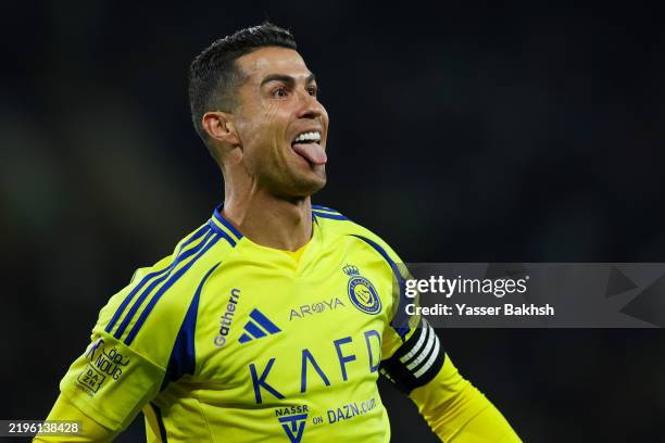 Cristiano Ronaldo of Al Nassr celebrates after scoring the 1st goal during the Saudi Pro League at King Abduallah bin Abdualaziz Sport City on...