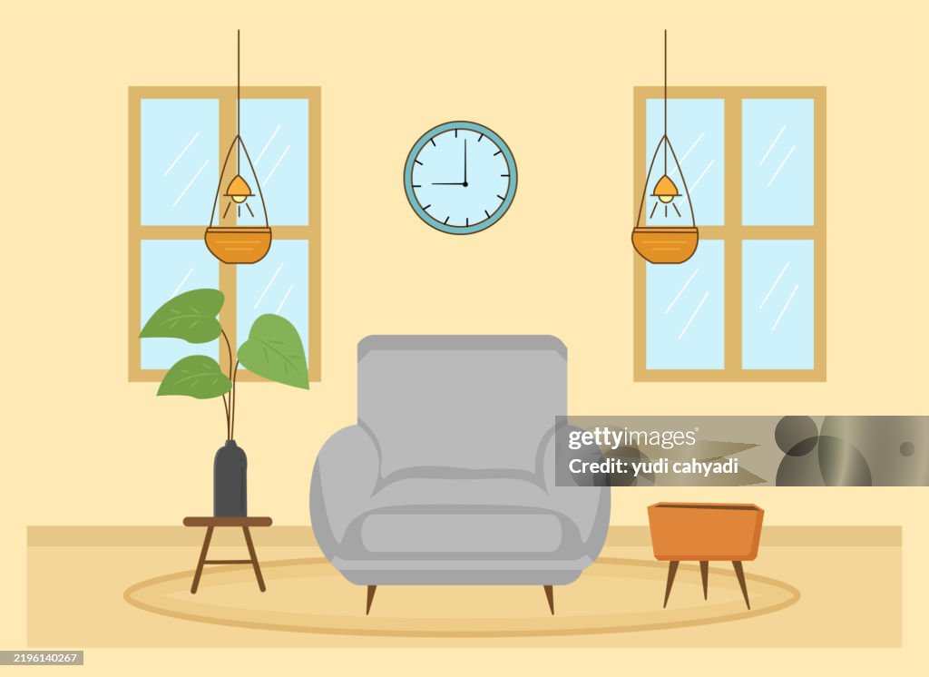 Cozy Modern Living Room Interior with armchair and hanging lamps