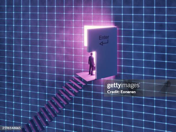 business man stands in front of the enter key - data entry keyboard stock pictures, royalty-free photos & images