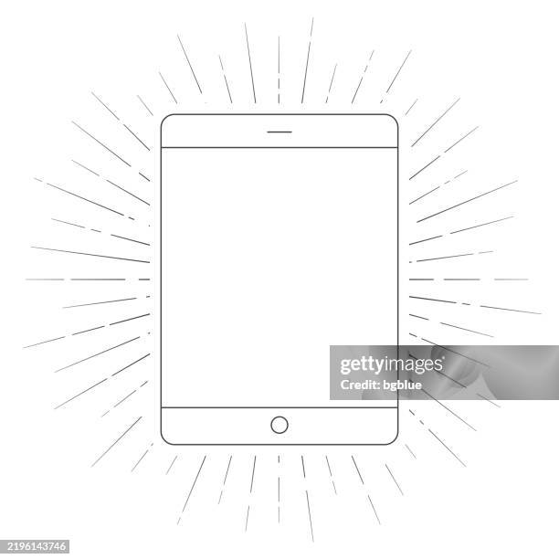 tablet pc. line icon with sunbursts on white background - ipad vertical isolated stock illustrations