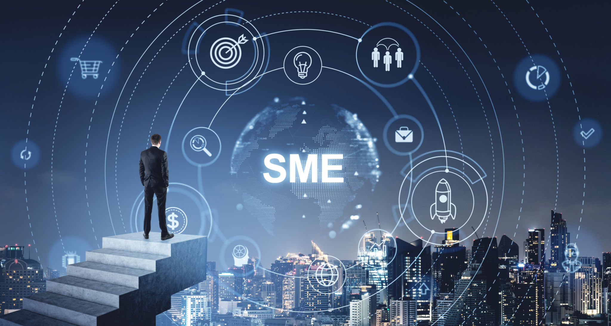Man on concrete stairs, SME glowing hologram with business management icons Man on concrete stairs, SME glowing hologram with business management icons