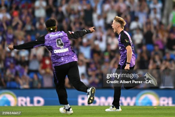 Nathan Ellis of the Hurricanes celebrates bowling out Matthew Gilkes of the Thunder during the BBL The Final match between Hobart Hurricanes and...