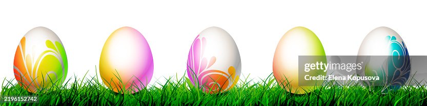Colorful easter eggs with decorative plant pattern in spring grass isolated on white background. Creative spring easter background in realistic style. Colorful easter eggs with decorative plant pattern in spring grass isolated on white background. Creative spring easter background in realistic style.