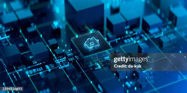 home icon on blue futuristic background. modern technology concept background - home button website stock pictures, royalty-free photos & images