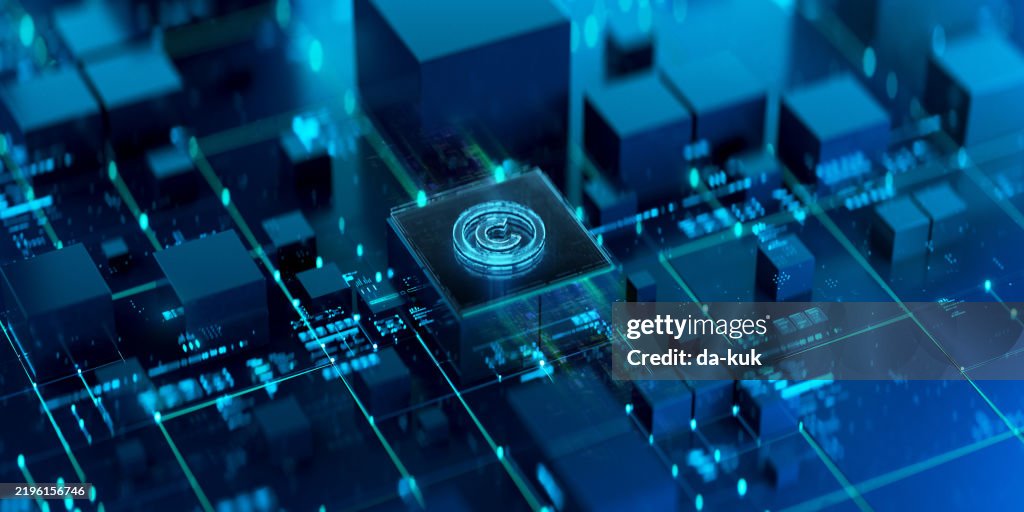 Símbolo de derechos de autor sobre fondo digital. Representando las tecnologías modernas de propiedad intelectual digital y su protección
