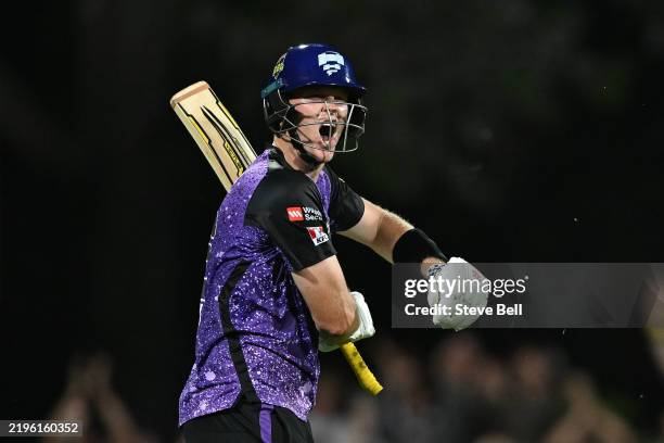 Mitch Owen of the Hurricanes celebrates scoring a century during the BBL The Final match between Hobart Hurricanes and Sydney Thunder at Ninja...