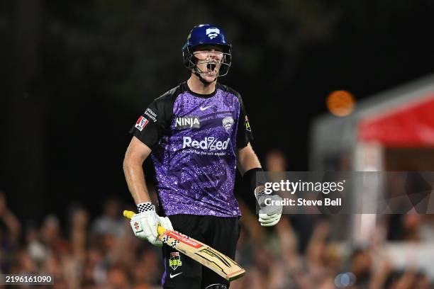 Mitch Owen of the Hurricanes celebrates scoring a century during the BBL The Final match between Hobart Hurricanes and Sydney Thunder at Ninja...