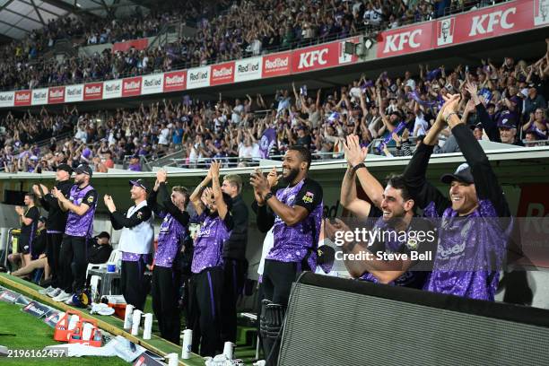 Hurricanes players celebrate Mitch Owen of the Hurricanes scoring a century during the BBL The Final match between Hobart Hurricanes and Sydney...