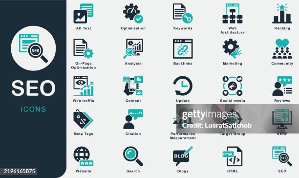 seo (search engine optimization) solid icons collection.containing search, community, website, analysis, social media, content, backlinks, keyword, ranking, optimization, marketing, target group, serp - dictionary stock illustrations