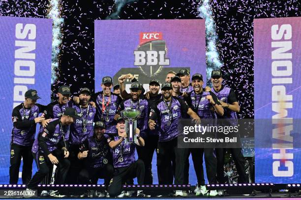 Hurricanes celebrate winning the BBL The Final match between Hobart Hurricanes and Sydney Thunder at Ninja Stadium on January 27, 2025 in Hobart,...