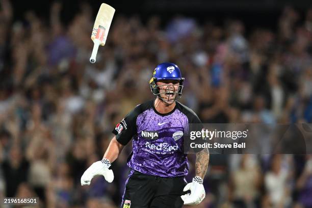 Ben McDermott of the Hurricanes celebrates the win during the BBL The Final match between Hobart Hurricanes and Sydney Thunder at Ninja Stadium on...