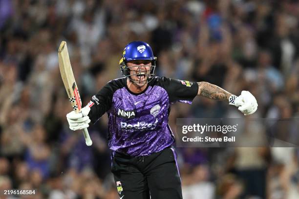 Ben McDermott of the Hurricanes celebrates the win during the BBL The Final match between Hobart Hurricanes and Sydney Thunder at Ninja Stadium on...