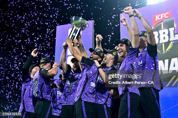 Hobart Hurricanes celebrate with the trophy during the BBL The Final match between Hobart Hurricanes and Sydney Thunder at Ninja Stadium on January...