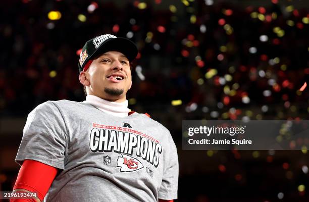 Patrick Mahomes of the Kansas City Chiefs celebrates after the Chiefs defeated the Buffalo Bills 32-29 to win the AFC Championship Game at GEHA Field...