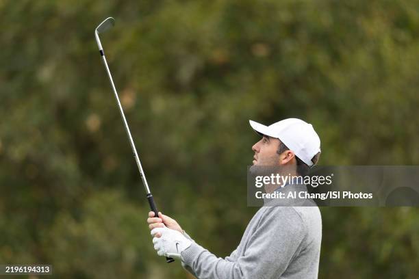 Scottie Scheffler of the United States checks his grip on hole during the first round of the AT&T Pebble Beach Pro-Am 2025 at Pebble Beach Golf Links...