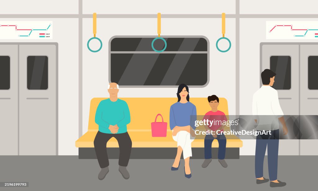 People On Subway. A Young Woman, Her Son And An Elderly Man Sitting On A Seat. Rear View Of A Man Standing Near The Door. Public Transportation Concept