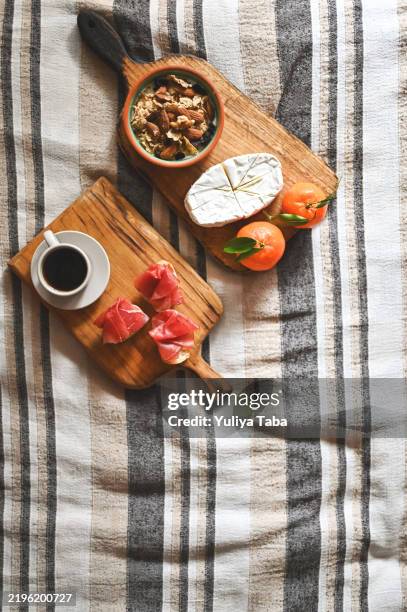 flat lay morning breakfast on bed. - buffet line stock pictures, royalty-free photos & images