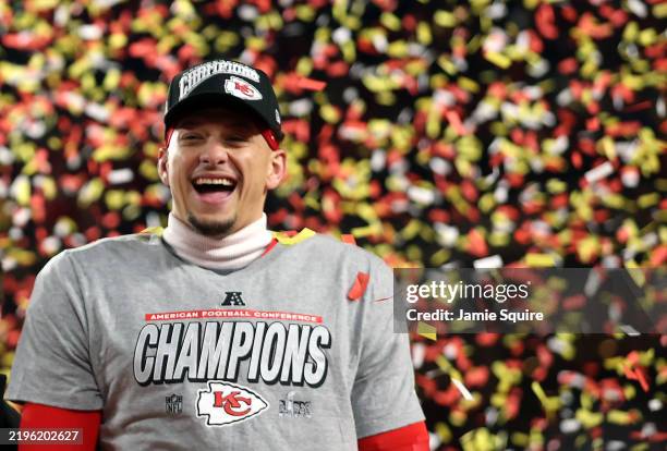 Patrick Mahomes of the Kansas City Chiefs celebrates after the Chiefs defeated the Buffalo Bills 32-29 to win the AFC Championship Game at GEHA Field...