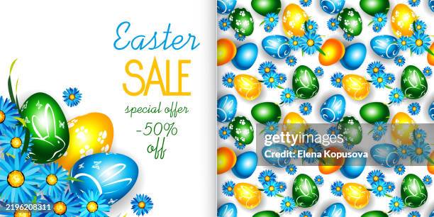 easter sales concept in cartoon style. colorful easter eggs with easter bunny and spring flowers on white background. creative stylish festive easter seamless pattern+ advertising poster. - easter seamless pattern stock illustrations