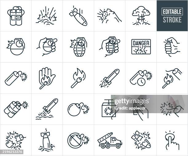 explosives thin line icons - editable stroke - icons include explosives, explosions, bomb, tnt, dynamite, missile, blast, detonation, detonator, grenade, boom, fuse, danger, destruction - nuclear explosion icon stock illustrations