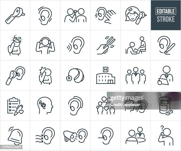 stockillustraties, clipart, cartoons en iconen met audiology thin line icons - editable stroke - icons include an audiologist, otoscope, human ear, hearing loss, hard of hearing, child, dizziness, listening, hearing test, hearing aid, patient, health care, ear problems, medical professional, ear exam - luisteren