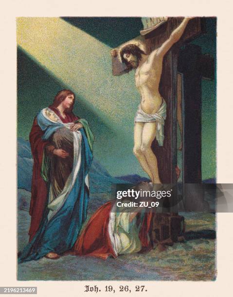 kreuzigung jesu (joh 19, 26-27), chromolithographie, erschienen um 1895 - maria magdalena stock-grafiken, -clipart, -cartoons und -symbole
