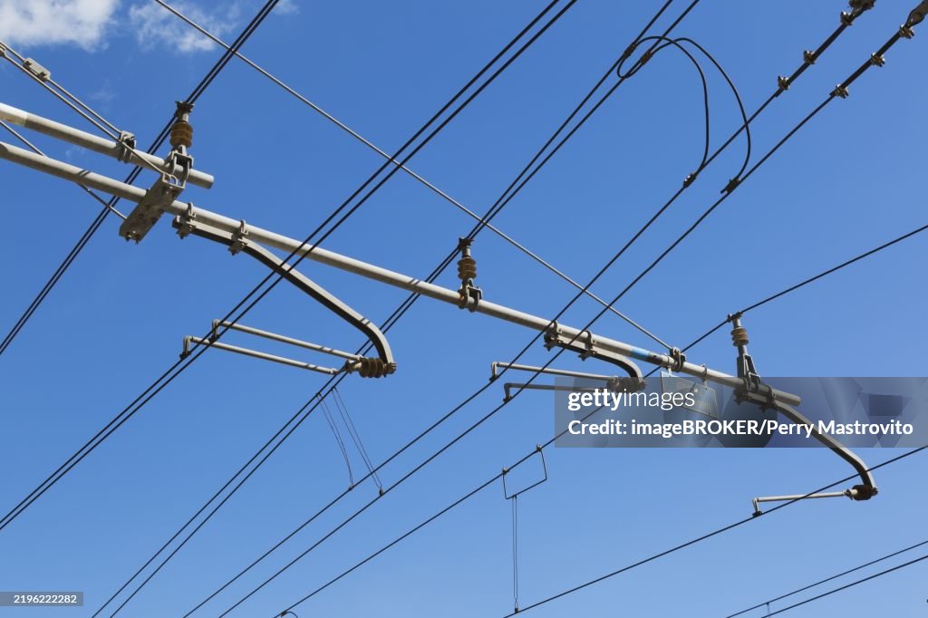Overhead electrified wires for commuter train, Monterosso railway station, Monterosso, Cinque Terre, La Spezia province, Italy, Europe