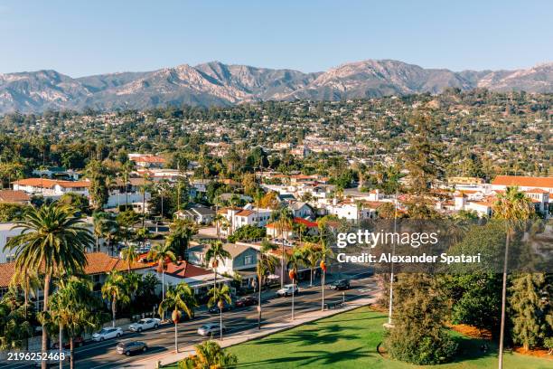 santa barbara cityscape surrounded by mountains, aerial view, california, usa - santa barbara california stock pictures, royalty-free photos & images