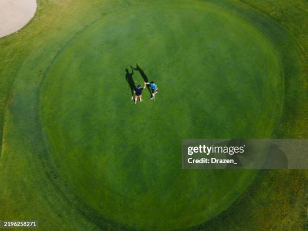 two golfers are playing on a vibrant green golf course with a sand bunker and surrounding trees under clear skies - golfbana bildbanksfoton och bilder