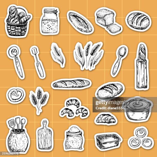 cute line art bread making stickers on a yellow background - sourdough bread stock illustrations