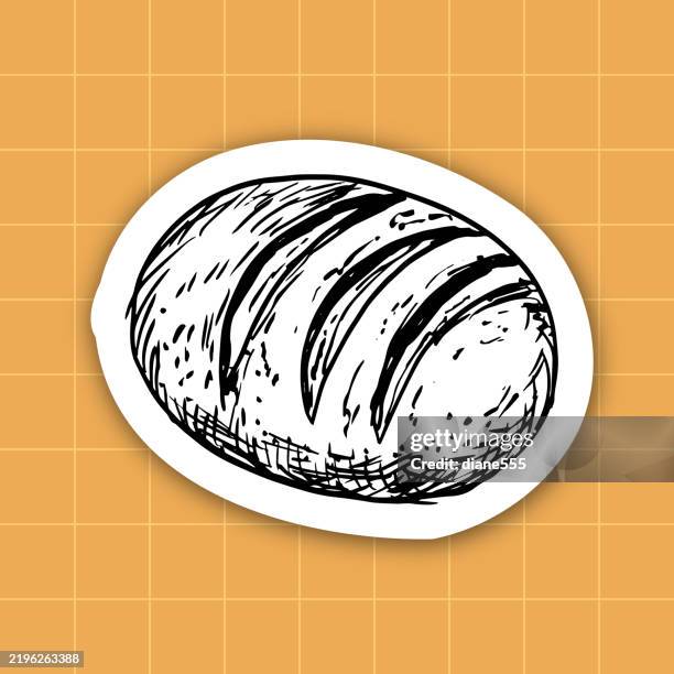 cute line art bread making sticker on a yellow background - sourdough bread stock illustrations