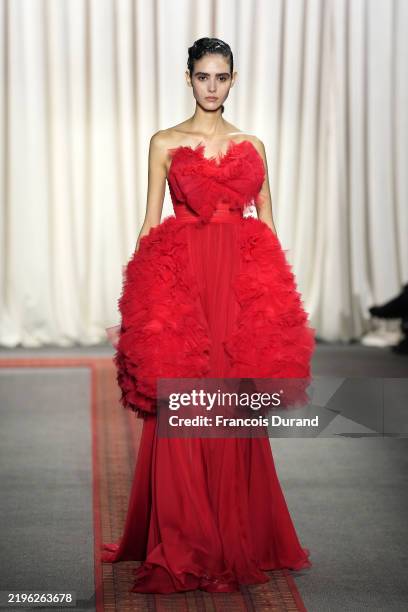 Model walks the runway during the Giambattista Valli Haute Couture Spring-Summer 2025 show as part of Paris Fashion Week on January 27, 2025 in...