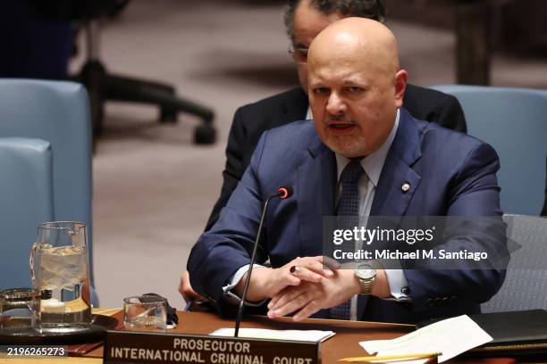 International Criminal Court Prosecutor Karim Khan, attends a United Nations Security Council meeting on Sudan and South Sudan at the United Nations...