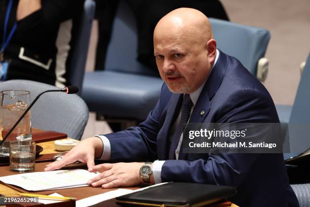 International Criminal Court Prosecutor Karim Khan, attends a United Nations Security Council meeting on Sudan and South Sudan at the United Nations...