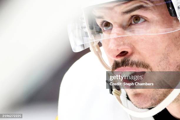Sidney Crosby of the Pittsburgh Penguins looks on during the first period against the Seattle Kraken at Climate Pledge Arena on January 25, 2025 in...