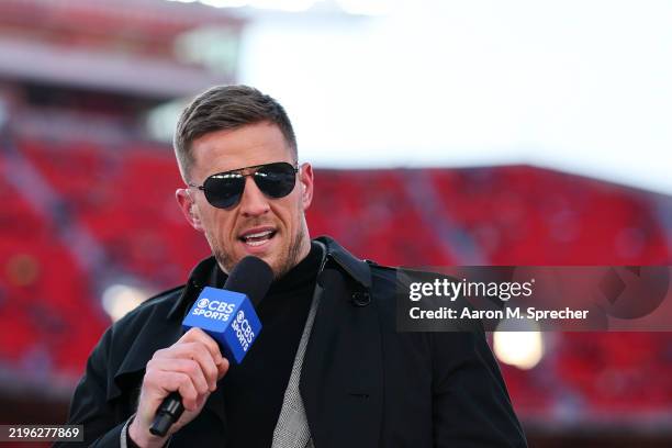 Sports analyst J.J. Watt on set prior to the AFC Championship Game between the Kansas City Chiefs and the Buffalo Bills at GEHA Field at Arrowhead...