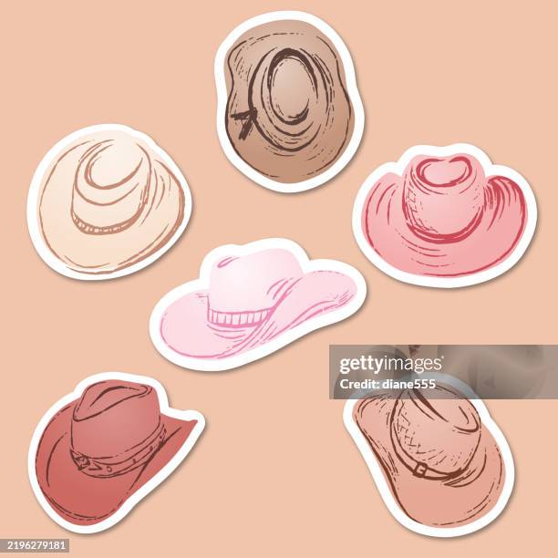 hand drawn cowboy hats stickers - cowboy hat stock illustrations