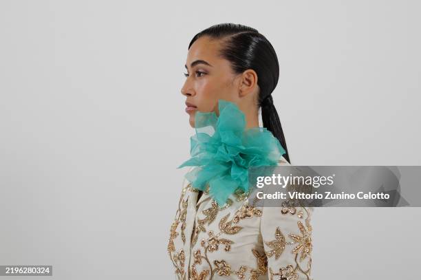 Model poses backstage prior to the Giambattista Valli Haute Couture Spring-Summer 2025 show as part of Paris Fashion Week on January 27, 2025 in...