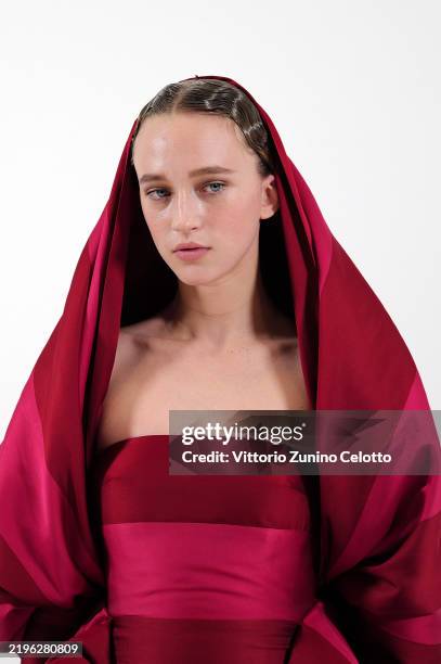 Model poses backstage prior to the Giambattista Valli Haute Couture Spring-Summer 2025 show as part of Paris Fashion Week on January 27, 2025 in...