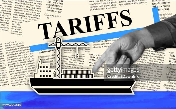 tariff trade war news concept with container ship and newspaper clippings and headline with human hand pointing - tariff stock illustrations