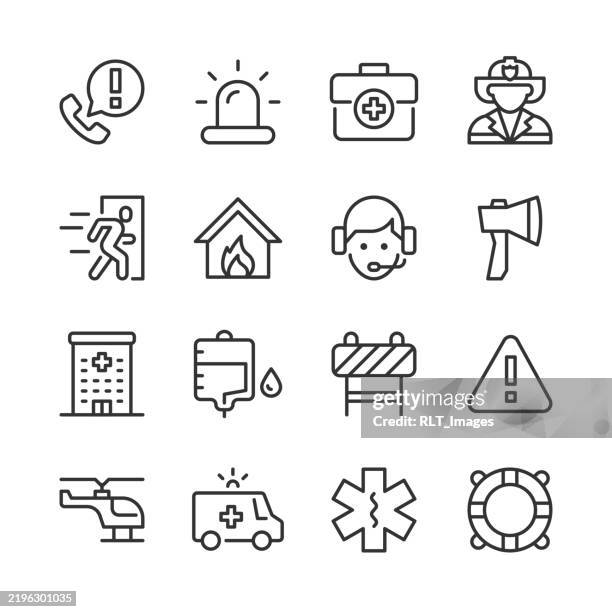 emergency icons — monoline series - emergency exit sign stock illustrations
