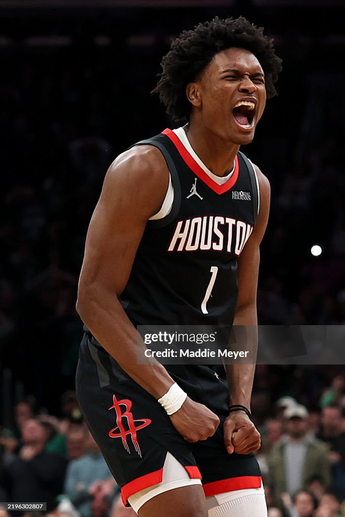 Houston Rockets Thompson Amen Thompson of the Houston Rockets celebrates after scoring the ...
