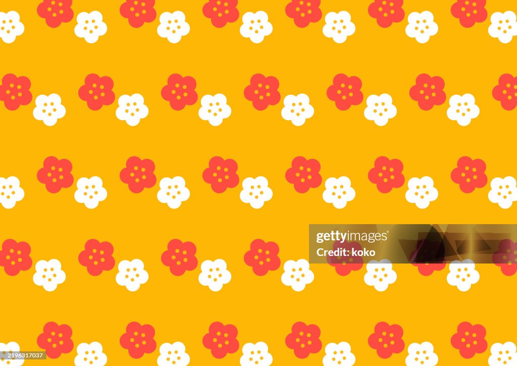 Plum Blossom Print Pattern. Yellow Background.