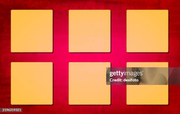 red maroon coloured three dimensional 3d tiled framed backdrop with six plain blank empty yellow placeholders square blocks like sticky notes over vibrant rustic textured shining glowing horizontal grunge vector background wallpaper with copy space - mustard stock illustrations