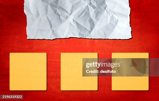Vibrant red maroon coloured textured backdrop, bordered creative blank horizontal grunge vector background with a torn white crumpled paper piece as label at top edge border, three plain blank empty yellow placeholders adhesive sticky notes at bottom Vibrant red maroon coloured textured backdrop, bordered creative blank horizontal grunge vector background with a torn white crumpled paper piece as label at top edge border, three plain blank empty yellow placeholders adhesive sticky notes at bottom