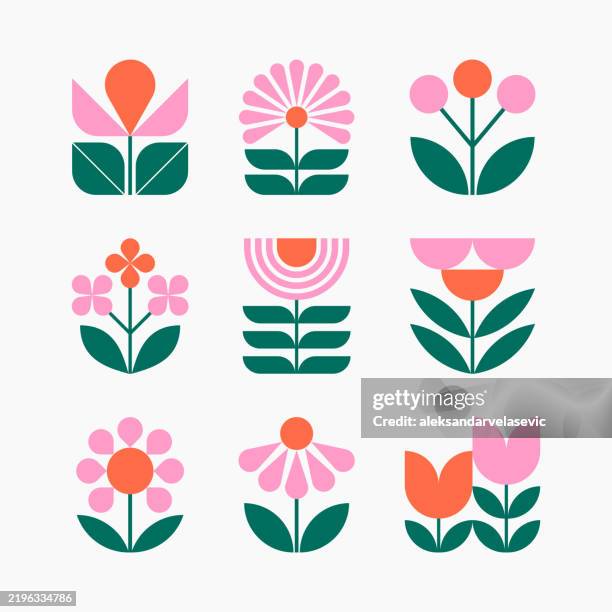 geometric flowers and leaves icons - petal stock illustrations
