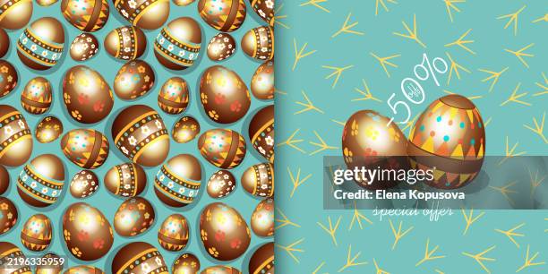 chocolate easter eggs with decorative pattern on color background. creative stylish festive easter seamless pattern+sale banner in retro style. - easter chocolate stock illustrations