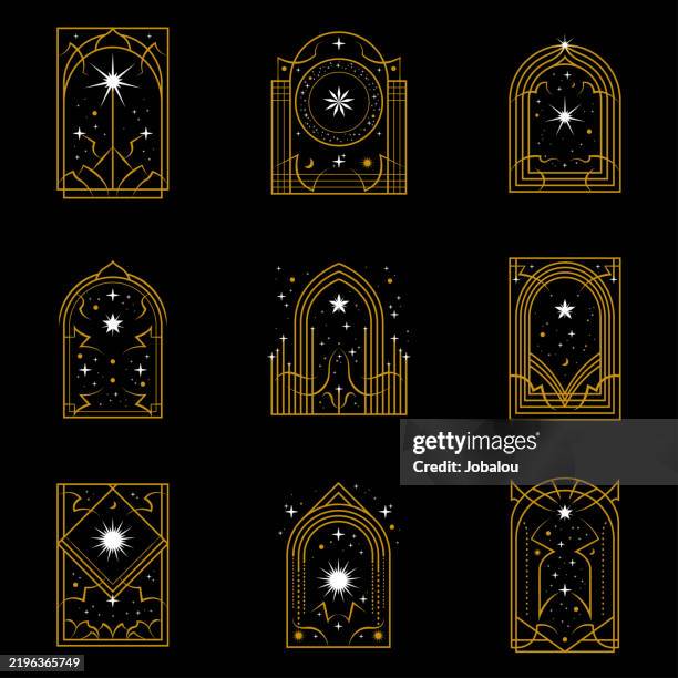 stockillustraties, clipart, cartoons en iconen met mystical golden frames with celestial elements - magician