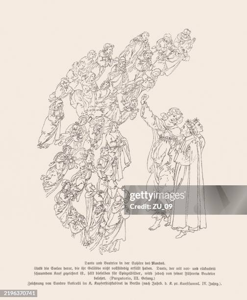 dante and beatrice, drawed by sandro botticelli, facsimile, published 1895 - sandro botticelli stock illustrations